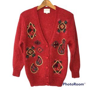 Vintage 90s Susan Bristol Cardigan Sweater Mohair Blend Hand Embroidered Floral